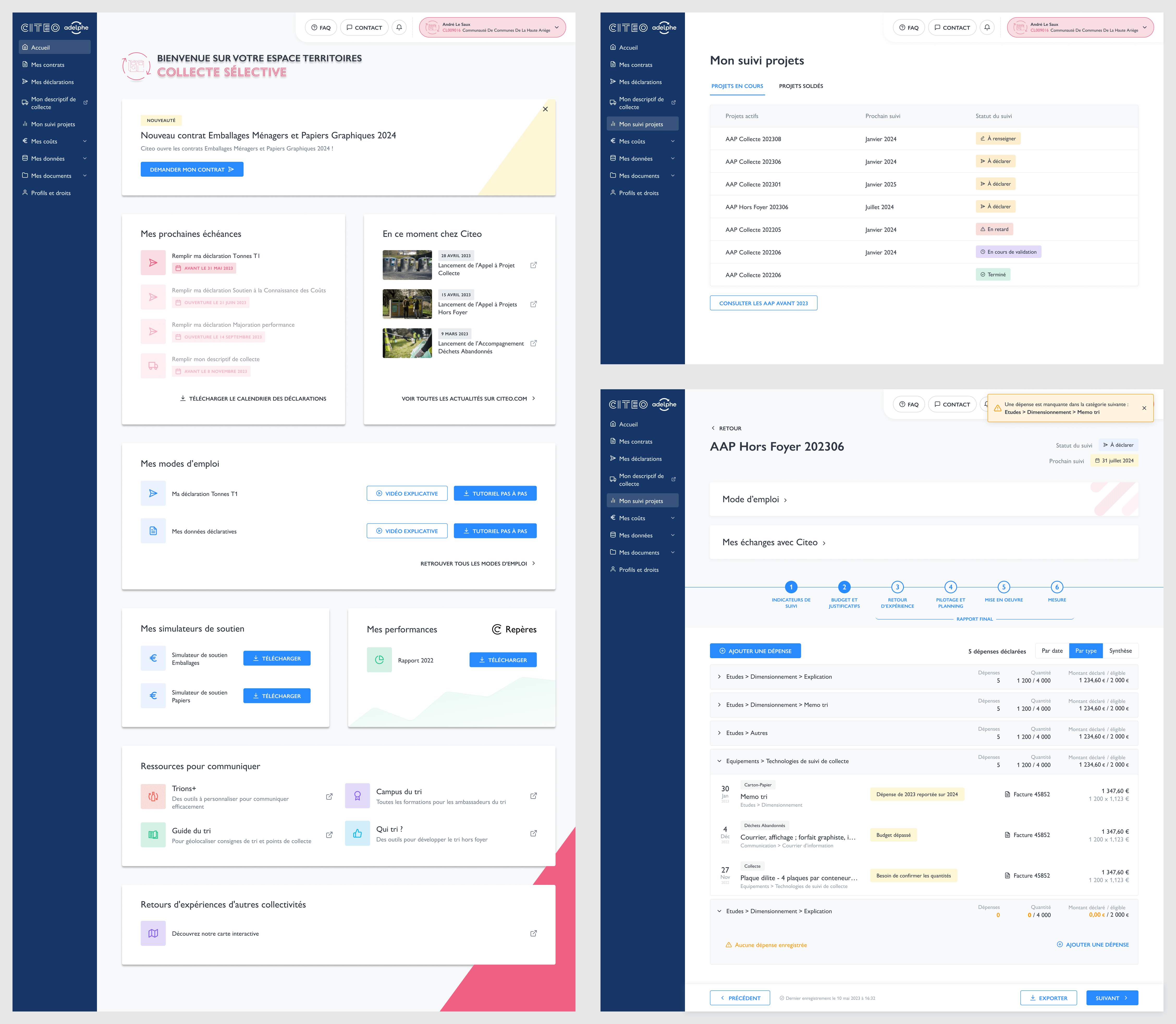 Mockups du portail avec une page d'accueil et une page de suivi de projets