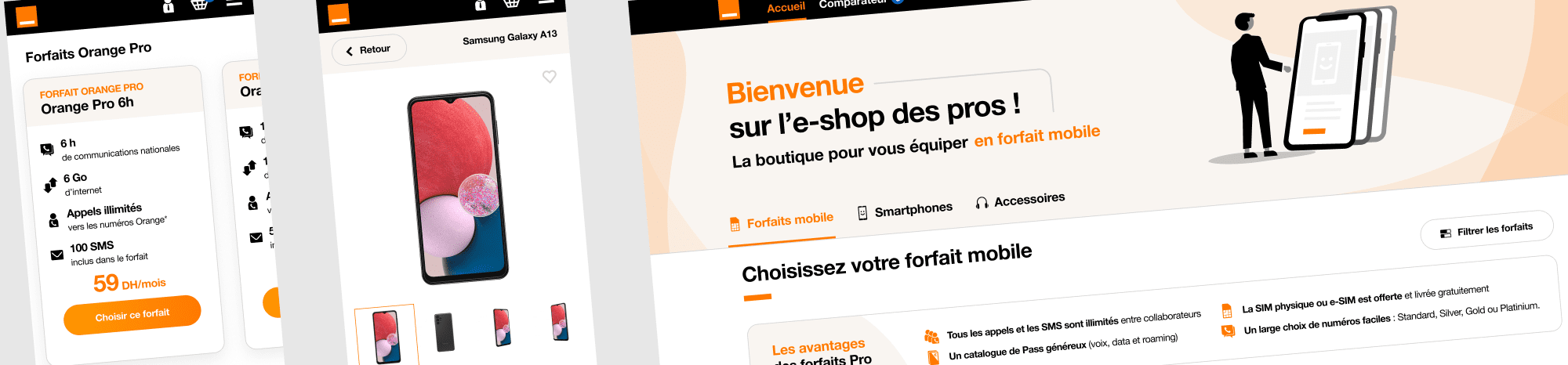 Ecrans de l'e-shop Orange Maroc pour les pros