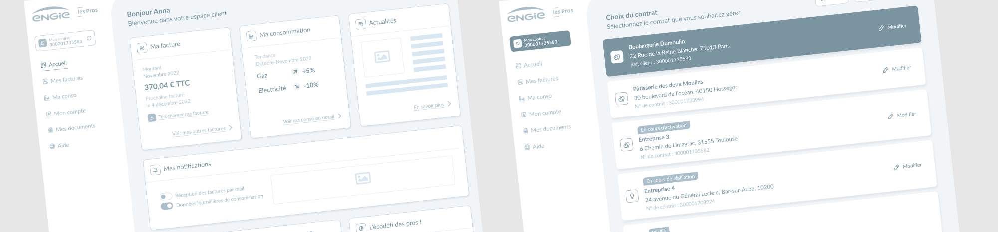 Ecrans de l'espace client Engie Pro