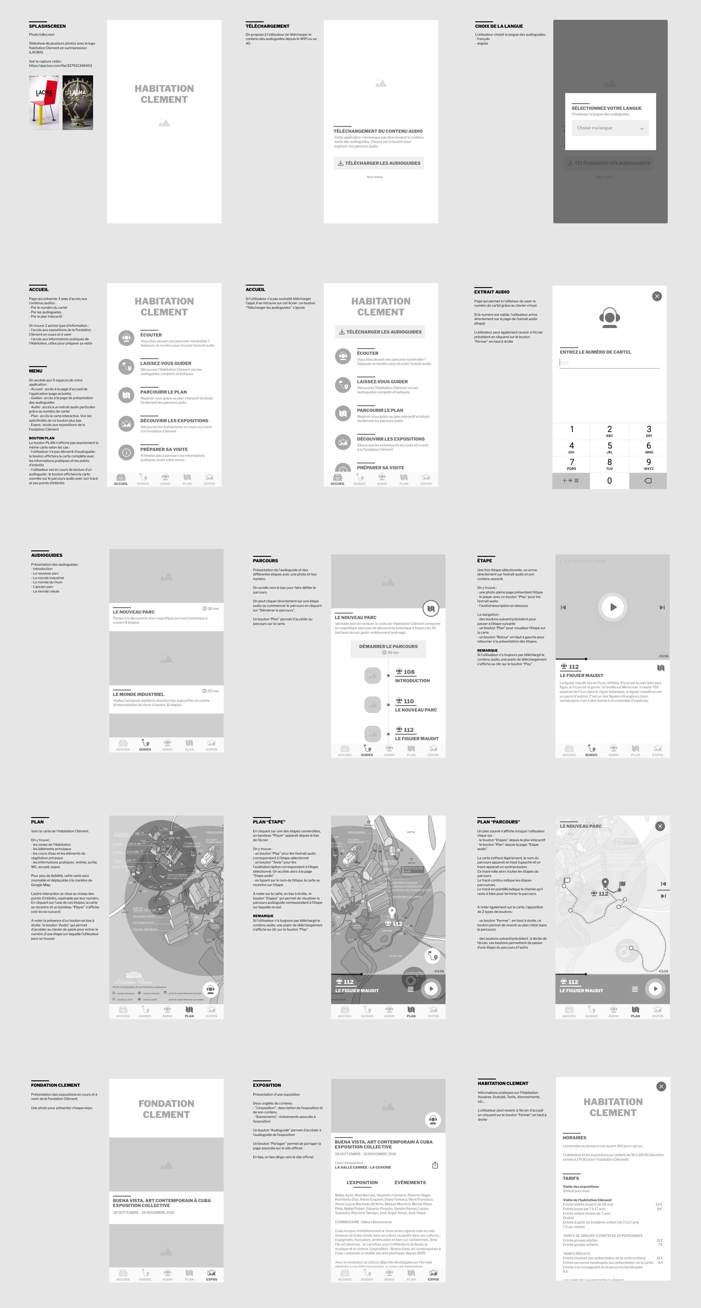 Extrait des wireframes pour l'application Habitation Clément.